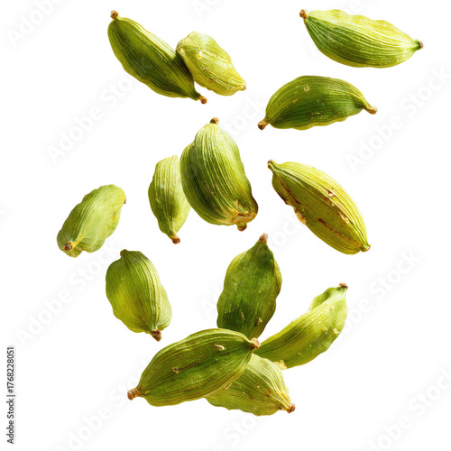 Falling Green Cardamom Pods Isolated on transparent background Remove png, Clipping Path, pen tool