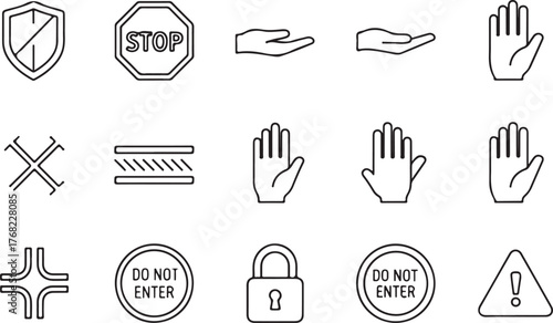 Outline Security Warning and Prohibition Icon Set on White