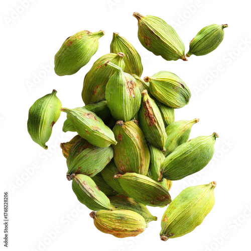 Falling Green Cardamom Pods Isolated on transparent background Remove png, Clipping Path, pen tool