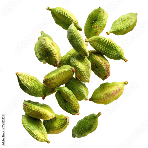 Falling Green Cardamom Pods Isolated on transparent background Remove png, Clipping Path, pen tool