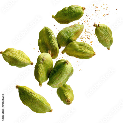 Falling Green Cardamom Pods Isolated on transparent background Remove png, Clipping Path, pen tool