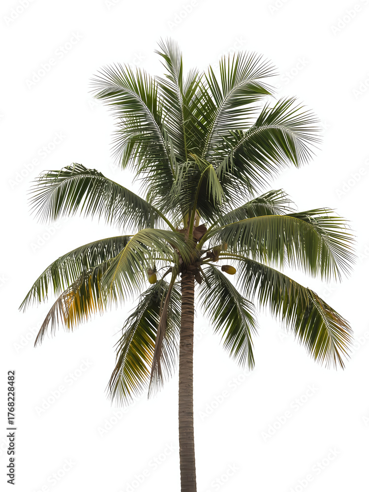 Fototapeta premium Coconut Palm Tree with Yellow Coconuts and Green Leaves Isolated