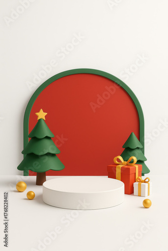 Minimalist Christmas podium with red arch, green tree, gift box, festive decoration, joyful mood