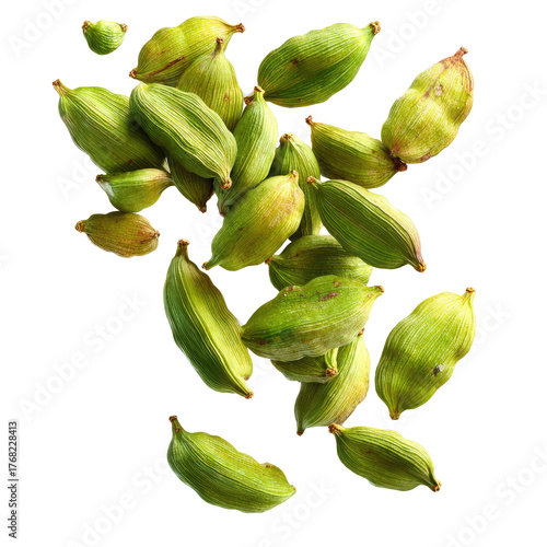Falling Green Cardamom Pods Isolated on transparent background Remove png, Clipping Path, pen tool