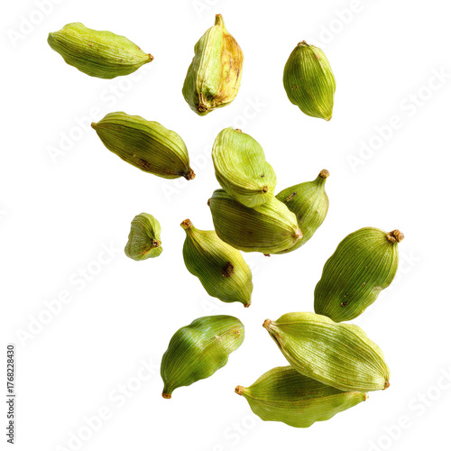 Falling Green Cardamom Pods Isolated on transparent background Remove png, Clipping Path, pen tool