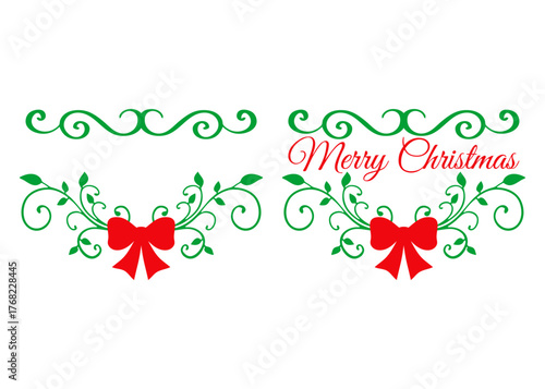 Tiempo de Navidad. Logo con mensaje Merry Christmas con filigrana caligráfica y florituras con lazo de regalo para tarjetas y felicitaciones 