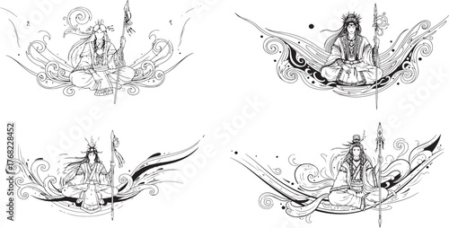 Ancient warrior figures ornate swirling designs vector