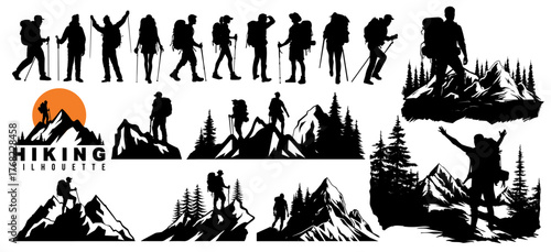Mountain hiking, backpacker, mountaineer and climber silhouette set. Hiking group at hill peak. Forest nature landscape with hiker and christmas tree. Adventure logo and holiday travel business icon.