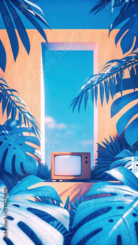 Tropical leaves, retro television, blue sky, surreal, vibrant, summer mood
