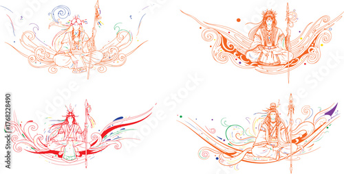 Ornate figures with colorful accents illustration seated