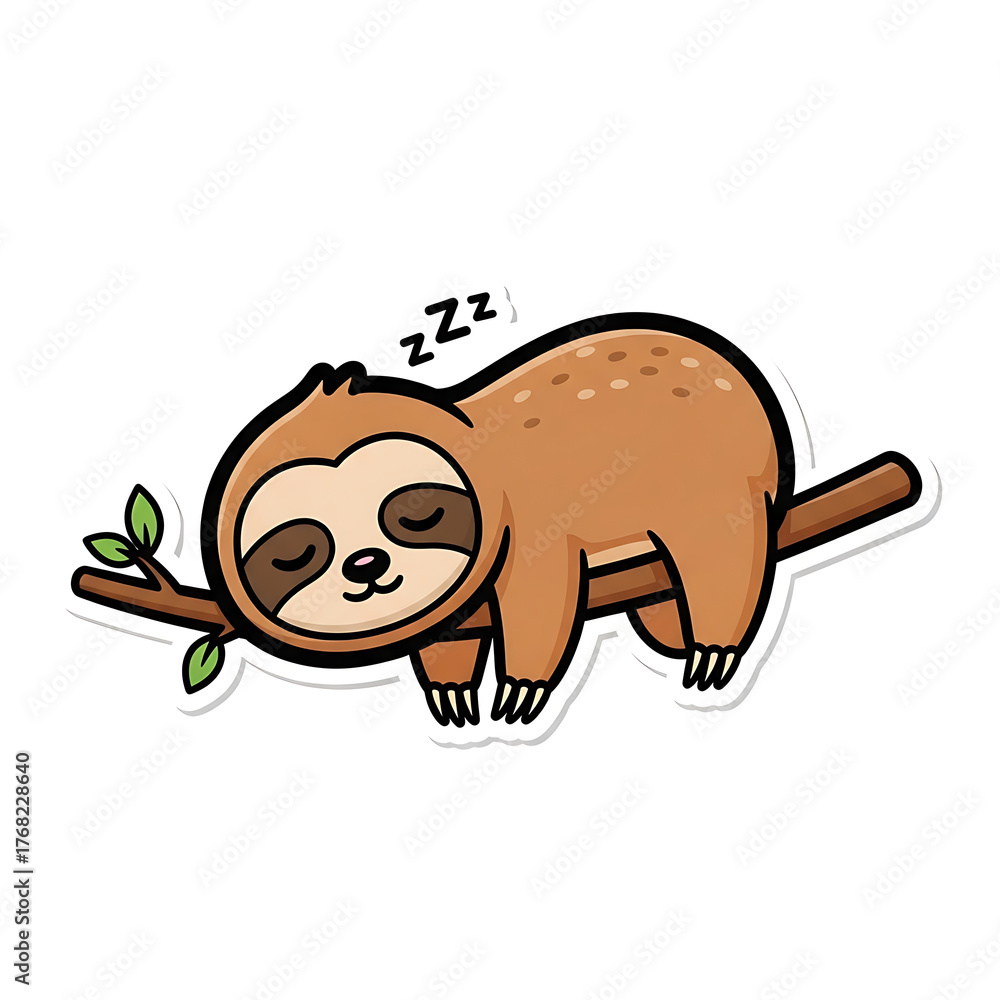 Naklejka premium Cute cartoon sloth sleeping on a tree branch isolated on white background