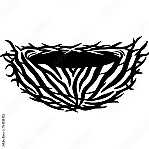 Graphic decoration of a birdhouse for wildlife habitat. Shelter made of natural materials. Symbol of the arrival of spring and the nesting season. Minimalist logo or icon design.