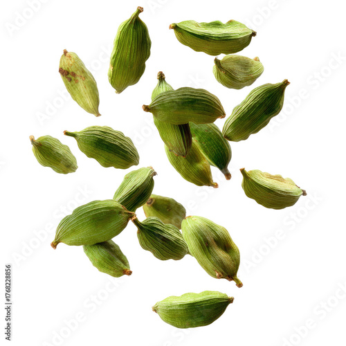 Falling Green Cardamom Pods Isolated on transparent background Remove png, Clipping Path, pen tool