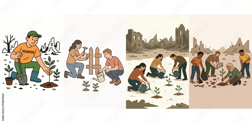 Obraz premium Minimalist flat vector illustration of volunteers restoring nature after war. Depicts people replanting trees, cleaning debris, and rebuilding the environment. Perfect for sustainability, eco-recovery