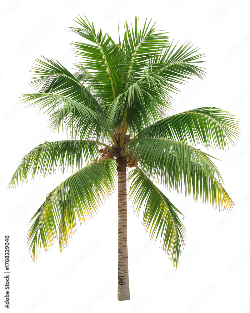 Obraz premium Straight coconut palm tree with green coconuts on white background