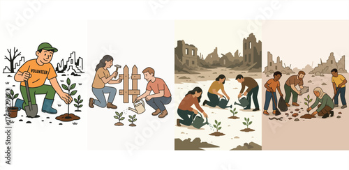 Minimalist flat vector illustration of volunteers restoring nature after war. Depicts people replanting trees, cleaning debris, and rebuilding the environment. Perfect for sustainability, eco-recovery