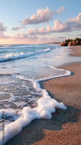 Golden Sand Beach with Foamy Waves and Pastel Sky at Sunset Ocean Shoreline with Gentle Waves and Clouds in Soft Evening Light