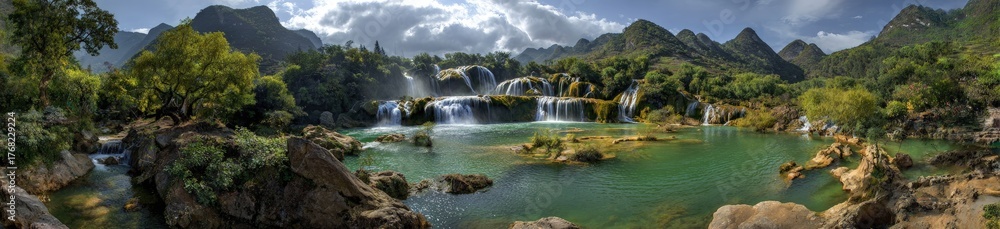 Fototapeta premium Lush waterfall cascading into a tranquil pool, surrounded by mountains and greenery
