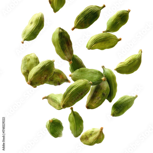 Falling Green Cardamom Pods Isolated on transparent background Remove png, Clipping Path, pen tool
