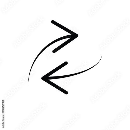 Two hand drawn arrows pointing in opposite directions isolated on white background, A simple illustration of two black hand-drawn arrows, one pointing right and the other left, isolated on a clean whi