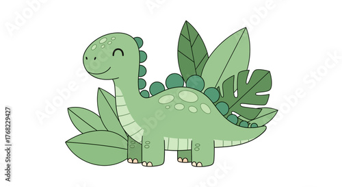 Adorable dinosaur illustration among verdant leaves in a playful cartoon style image