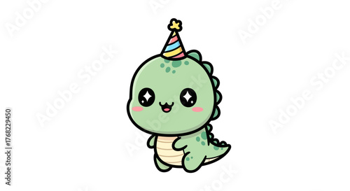 Adorable kawaii dinosaur celebrating birthday with party hat on clean white backdrop