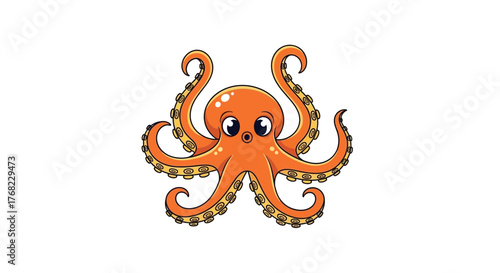 Adorable Orange Cartoon Octopus with Big Eyes and Curled Tentacles on White Backdrop