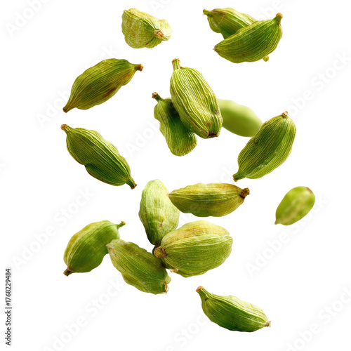 Falling Green Cardamom Pods Isolated on transparent background Remove png, Clipping Path, pen tool