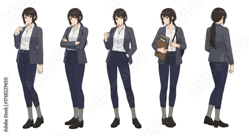 Anime-style illustration of a professional young woman in various poses and perspectives, showing