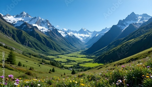 Lush green valley surrounded by snow-covered mountains, clear blue sky, wildflowers in foreground, detailed natural textures, peaceful atmosphere, ideal for adventure and outdoor tourism concepts
