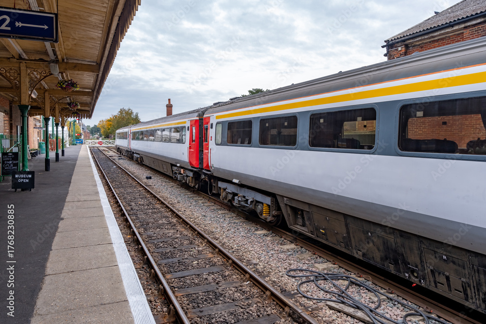Fototapeta premium Railway carriages in Dereham train station on the Mid-Norfolk Railway line