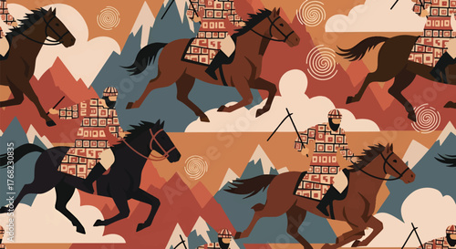 Seamless Buzkashi Training Pattern – Stylized Afghan Riders & Horses in Earthy Minimalist Vector Tile