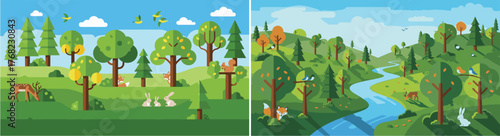 Geometric Flat Vector Forest Landscape with Woodland Animals and River