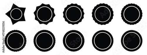 Black Scalloped Edge Circle Badge and Seal Vector Set.