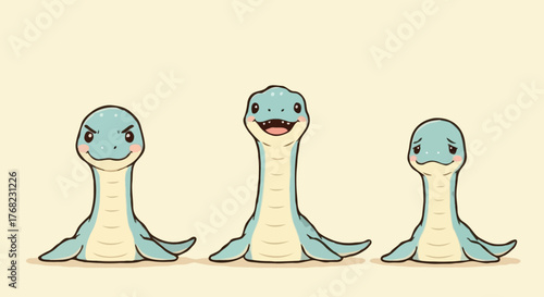 Three cute cartoon blue plesiosaurs dinosaurus with different emotions