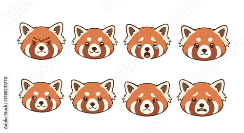 Set of cute cartoon red panda faces with different emotions vector set, best for sticker and kids book design