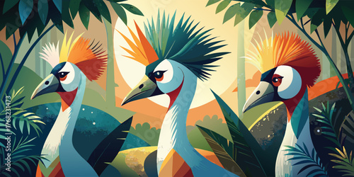 Three close up crowned crane birds standing in a lush tropical forest, sun shining through