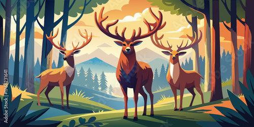 Sunset silhouette of a wild deer with majestic antlers against the forest nature illustration, perfect for story book or postcard