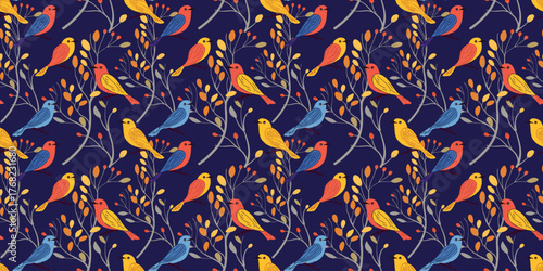 Papier peint vector illustration seamless birds on branch pattern for nature and textile desi