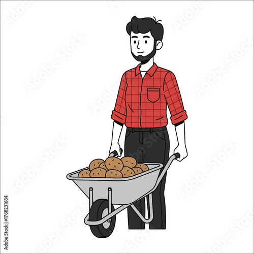 Farmer With Wheelbarrow Full Of Potatoes Illustration Vector For Agricultural And Farming Concept