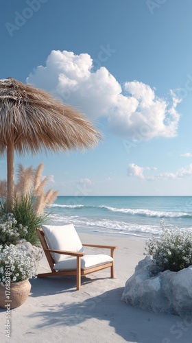 Empty Wooden Beach Chair Under Straw Umbrella With White Cushions On A Sandy Beach With Ocean Waves And Blue Sky