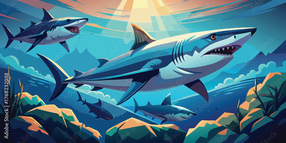Obraz premium Cartoon megalodon sharks swimming in the ocean with sunlight shining through the water