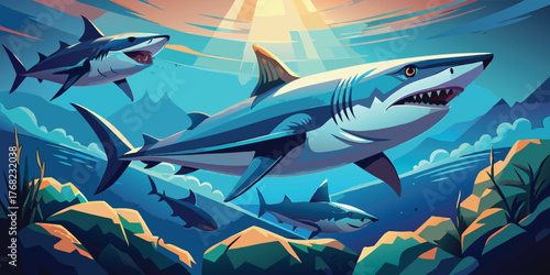 Cartoon megalodon sharks swimming in the ocean with sunlight shining through the water