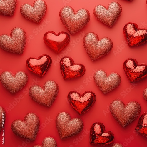 Overhead Luxury Red Pattern: Glitter and Metallic Hearts Texture, Monochromatic Aesthetic