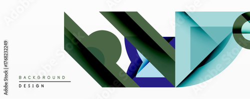 Abstract geometric design features overlapping shapes, gradients. Shades include blue, green, teal. Minimalist composition creates modern visual impact. Clean lines define forms.
