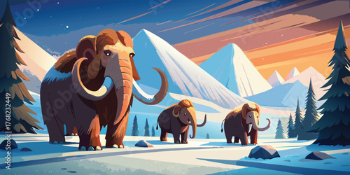 Wildlife cartoon illustration vector of wolly mammoths with ice mountain background