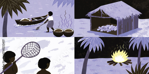 Tropical island life with fishing, cooking, and shelter