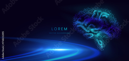 Artificial intelligence brain particle science system on dark background.