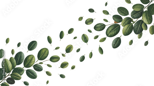 Green leaves on white background with black abstract shapes