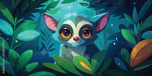 Adorable cartoon tarsier with big eyes sits among foliage in the jungle vector illustration